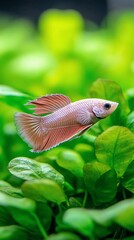 Pink betta fish swims in green plants