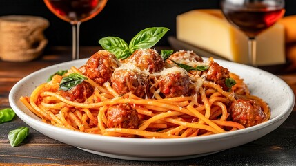 Delicious Spaghetti With Meatballs Served on a Plate, Garnished With Fresh Basil and Accompanied by Wine and Cheese