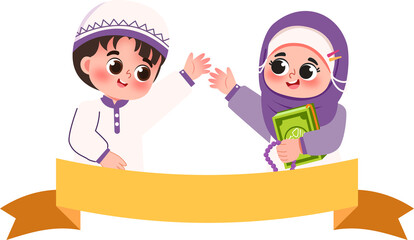Joyful Muslim Children with Quran & Blank Banner