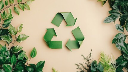 Green Recycling Symbol Surrounded by Fresh Green Foliage and Leaves