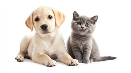 Adorable golden retriever puppy and a grey kitten sit side-by-side, gazing forward with sweet expressions. A heartwarming pair!