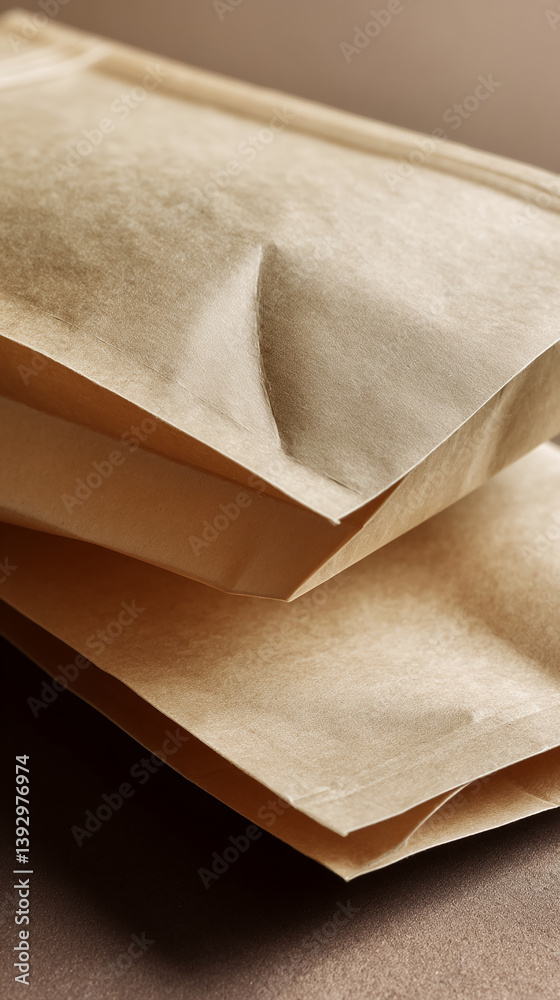 Aufkleber close-up of beige paper pouch texture, showing folds and creases, creating a rustic and natural appe