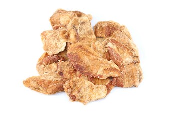 Heap of Ciccioli on white background.They are an italian traditional  pressed pieces of fatty pork, similar to pork rinds