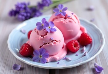 Berry ice cream scoops with lavender flowers