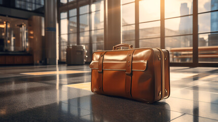 A brown suitcase sits on the floor of an empty airport. Concept Journey