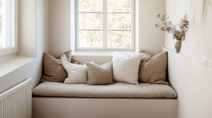 Fototapeta premium Minimalist reading nook by the window with built-in bench and soft pillows 