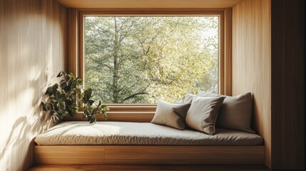 Minimalist reading nook by the window with built-in bench and soft pillows 