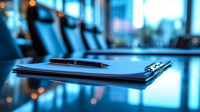 Business meeting preparation with documents and pen on table in modern office setting in daylight
