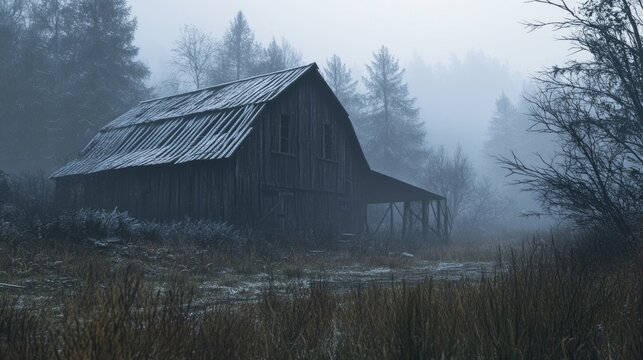 Old barn in foggy field