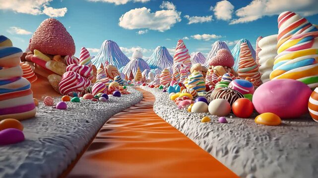 A whimsical landscape filled with candy mountains, colorful confections, and a flowing candy river invites exploration and delight