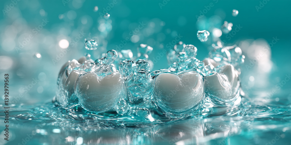 Poster close-up of teeth submerged in turquoise water, creating a refreshing and clean visual. symbolizes o