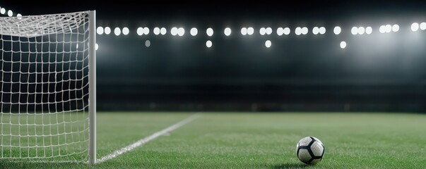 A soccer ball rests near the goalpost on a well-lit field, ready for action under stadium lights.
