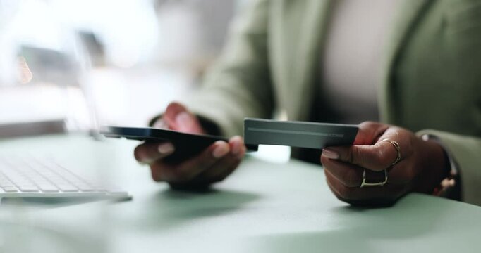 Closeup, hands and payment with smartphone for credit card, online shopping and transaction for banking. Office, person and mobile with debit for typing password, ecommerce and check for information