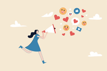 PR, public relation or marketing communication, advertising campaign or social media marketing, online promotion or email newsletter concept, young woman PR speak on megaphone on social media.
