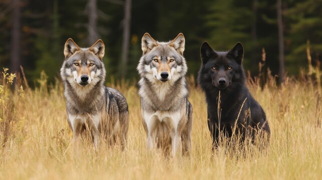 Three wolves&mdash;gray, white, and black&mdash;stand amidst golden grassland, gazing directly at the viewer with intense focus