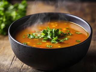 Black Bowl with Soup and Parsley