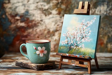 Artful Mother's Day display with a hand-painted mug of coffee next to a small canvas of blooming cherry blossoms on a vintage easel.