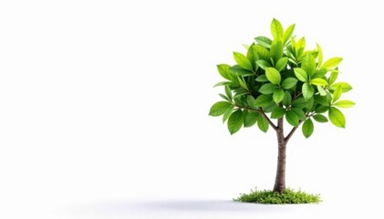 Small tree, slender trunk, new leaves on white background , vibrant, new
