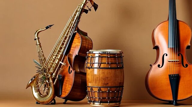 Musical Instruments Ensemble: Saxophone, Cello, and Conga Drum in Warm Studio Setting
