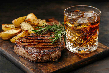 Bourbon with grilled ribeye steak and potatoes on rustic board