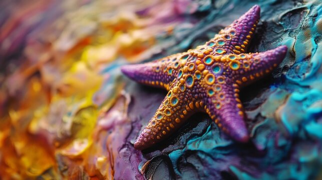 Vibrant Purple and Gold Starfish on Colorful Abstract Background