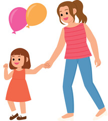 young mother and daughter holding and going for walk together character vector, the girl holding bright air balloon illustration