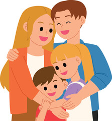 young parent embracing children with smiling character vector 