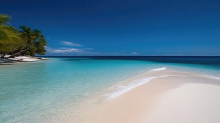 Fototapeta premium Pristine tropical beach with turquoise water and palm trees. Tranquil and idyllic seascape