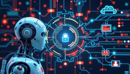 Fototapeta premium Futuristic Robot Overseeing Cybersecurity with Data Encryption Visuals