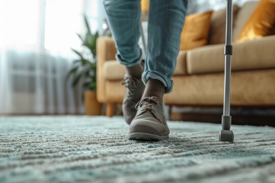 Closeup of Feet Using Walking Aids in a Living Room, senior using walker equipment with assist