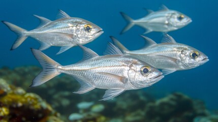 Fototapeta premium School of Silver Fish Swimming in a Coral Reef
