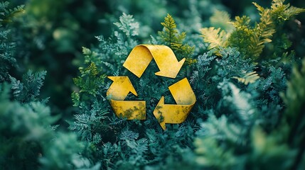 A yellow recycling symbol placed within natural green foliage