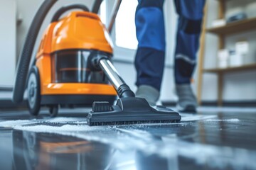 Fototapeta premium Close up of male using dust removal with modern vacuum cleaner. Construction cleaning service