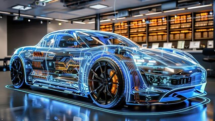 Obraz premium A futuristic electric vehicle showcasing cutting-edge technology and sleek design in a modern showroom. Ideal for highlighting innovation in the automotive industry.