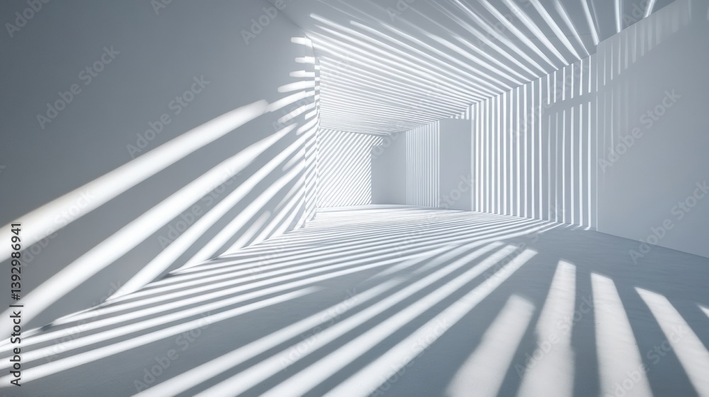 Poster Light strips create striking patterns on clean white surface in a modern art space during daylight hours
