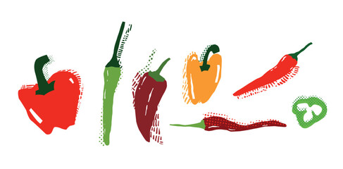 Colorful, hand-drawn illustration of various chili peppers and bell peppers in red, green, yellow, and orange. The textured and artistic sketch style 