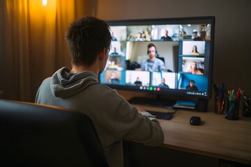 A man sits at his computer, looking at a screen with a video conference of several people taking place. He is focusing on the conversation, and the atmosphere in the room is calm.