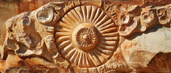 Fototapeta premium Stone carving featuring a sun-like design and animal figures on a textured surface.