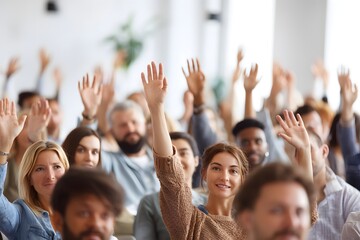 Diverse group of people raise their hands during an engaging presentation. This image symbolizes participation, interaction, and collaboration in a workshop, seminar, or conference.