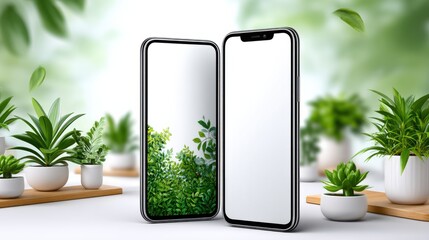 Smartphone showcase featuring nature-inspired design modern display indoor minimalist aesthetic green elements
