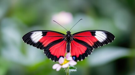 Fototapeta premium Vibrant red and white butterfly perched on a flower. Close-up view of delicate wings and intricate patterns