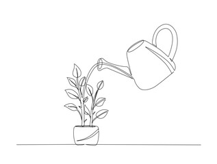 watering potted houes plant in single line draw illustration. Continuous one line drawing of Watering can and plant . Editable stroke.