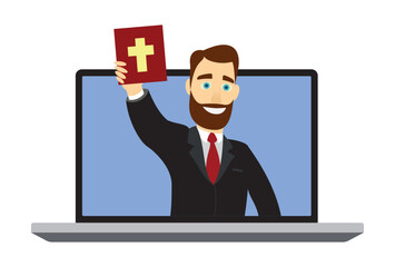 A pastor with a holy Bible conducts an online church ministry. A preacher preaches online. Watching online worship. Church online. Cartoon style. Internet sermon of a priest. Vector illustrations EPS 