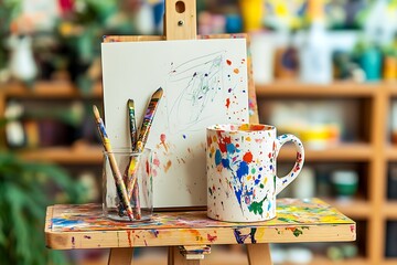 Artistic Mother's Day gathering with a custom sketchbook gift and a paint-splattered mug on an artista??s easel.