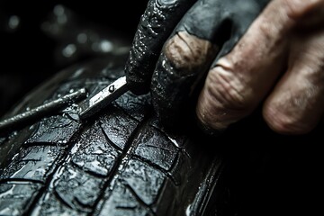 Closeup Hand Using Tire Repair Tool in Glove, Wet Black Rubber Surface with Water