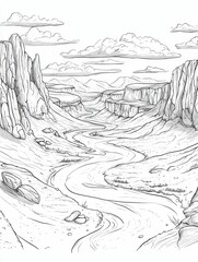 Fototapeta premium Sketch of a desert landscape with mountains and a winding river.