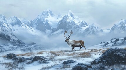 Naklejka premium Reindeer Walking Through Snowy Mountain Landscape on a Cold Winter Day