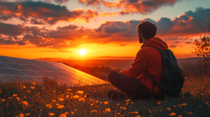 Obraz premium Person enjoying sunset while sitting near solar panels in nature 