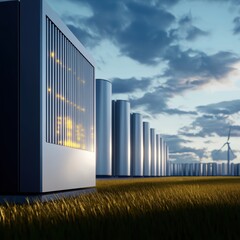 Fototapeta premium The image features modern energy infrastructure with sleek designs, surrounded by green grass and a dramatic sky, highlighting renewable energy sources like wind turbines.