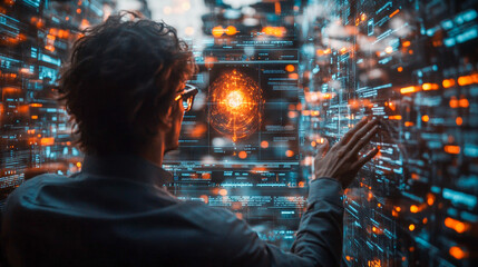 Person interacting with digital display in a futuristic environment  